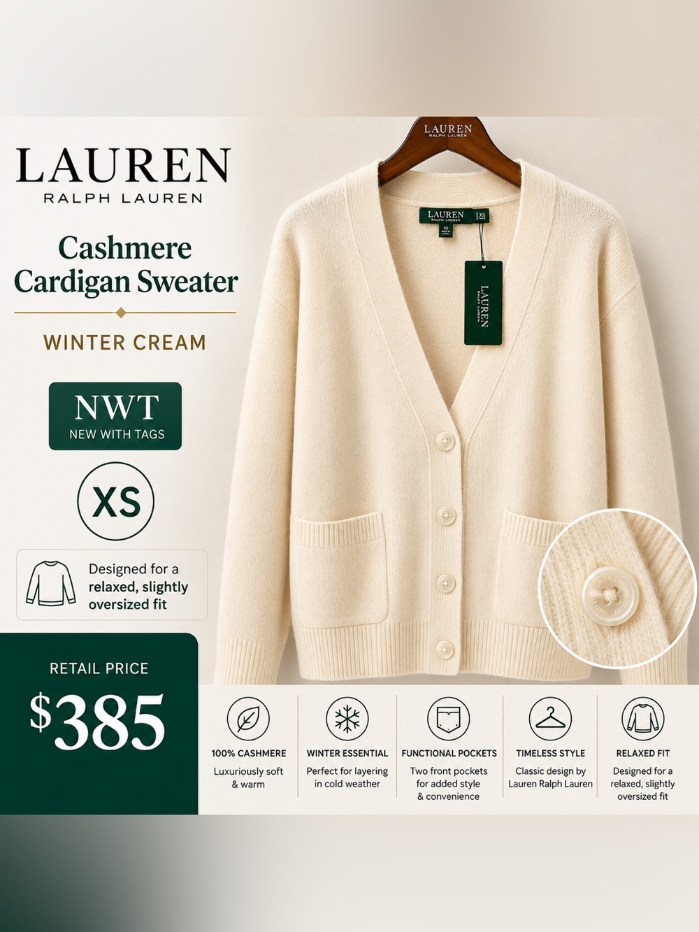 Lauren Ralph Lauren NWT Cashmere Cardigan Sweater Winter Cream Pocket XS